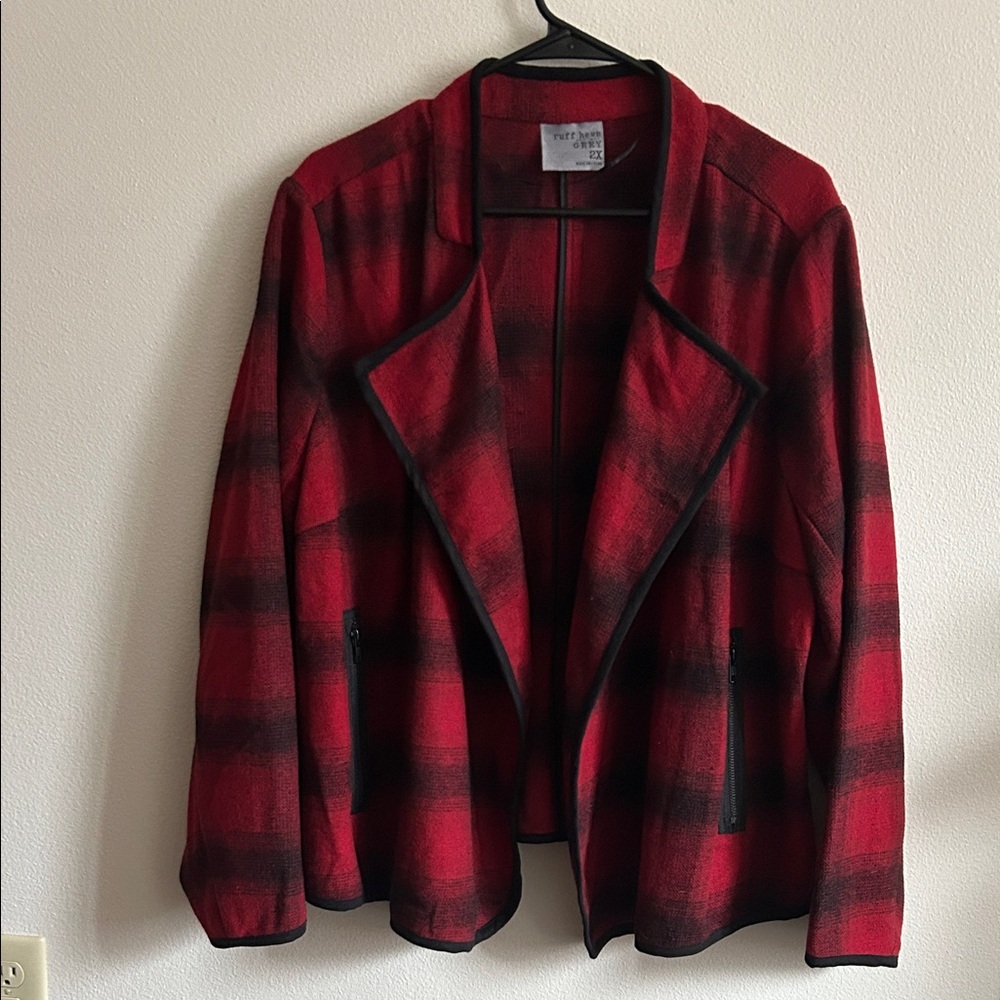 Ruff Hewn Grey Red/ Black Checkered Wool Blend Open Front Zip Pkts.22W ..Jacket